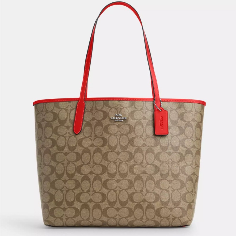 NWT Coach City Tote Bag In Signature Canvas SV/KHAKI/MIAMI RED Below $398 Retail